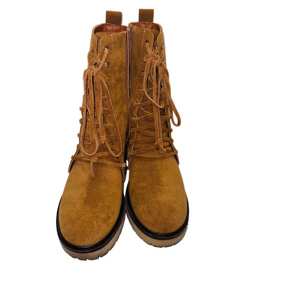 Mum Camel Suede Lace-Up Mid-Calf Boots Chunky Platform Heel Boho Retro 70s Y2K 7 - Picture 4 of 11
